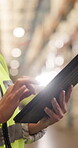 Hands, tablet and logistics warehouse while online for shipping schedule, stock or database. Person, technology and factory for freight, distribution or search for review, supplier rating or chat