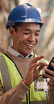 Logistics, phone and smile with man in warehouse for inspection checklist, cargo storage and freight. Supply chain inventory, distribution advisor and online report with employee and tech in factory