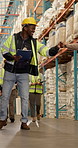 Smile, man and fist bump at warehouse for greeting, inspection and stock check for shipping. Team, hello and clipboard at depot with respect, inventory checklist and quality control for distribution