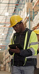 Shipping, tablet and scanner with man in warehouse for inspection checklist, cargo and freight. Supply chain inventory, distribution advisor and online report with employee and tech in factory