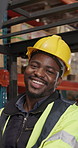 Face, shipping and man in warehouse as forklift operator, distribution or laugh in supply chain. Vehicle, portrait and happy black person in logistics industry, inventory control or stock management