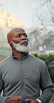 Exercise, running and thinking with black man outdoor on street for cardio training or workout. Fitness, pace and wellbeing with mature person in neighborhood for morning activity or physical health