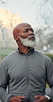 Fitness, running and thinking with black man outdoor on street for cardio training or workout. Exercise, pace and wellbeing with mature person in neighborhood for morning activity or physical health