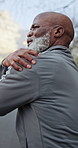 Fitness, injury and black man with shoulder pain outdoor for exercise, health or active morning. Sports, arthritis and mature person with arm muscle sprain, fibromyalgia or inflammation in nature.