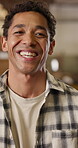 Carpentry, face or happy man in factory with laugh, handyman or about us in manufacturing industry. Smile, portrait and artisan with joke reaction, production career and confidence in woodworking.