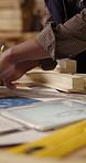 Carpentry, blueprint and hands with ruler, sketching document and draft of woodworking plan. Tech, man and engineer with measurement, structure design and manufacturing report in furniture building.