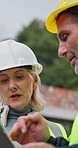 Tablet, team and planning on construction site for engineer, inspection and property development. Tech, discussion and mature architect with people for maintenance, repairs or renovation safety