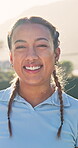 Fitness, face and woman outdoor with laugh, positive attitude and workout hobby on weekend break. Happy, portrait and person in nature with humor, confidence and good mood in training activity.

