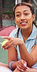 Outdoor, fitness and woman with conversation, relax and tips for tennis competition. People, wellness center and friends on ground with advice, help and technique for discussion or game training
