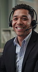 Computer, face and headset with happy man in call center for feedback, help or problem solving. Microphone, smile and typing with business person in office for assistance, customer service or support