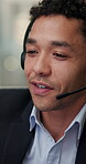Call center, advice or man in office with headset, telecom or investment feedback in crm service. Talking, bokeh or finance consultant with microphone, online banking or contact us with loan support.