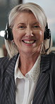 Face, headset and laughing with woman in call center for feedback, help or problem solving. Funny, microphone and typing with mature business person in office for customer service or IT support