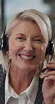 Face, funny and headset with woman in call center for feedback, problem solving or solution. Communication, laughing and microphone with mature employee in office for customer service or support