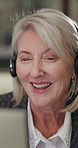 Call center, headset or woman in office with computer, telecom or investment advice in crm service. Happy, talking or mature finance advisor with mic, online banking or contact us with loan support.