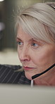 Call center, headset or woman in agency with computer, telecom or investment advice in crm service. Talking, fintech or mature finance advisor with mic, online banking or contact us with loan support