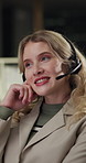 Call center, night and woman in firm with headset, loan support and investment aid in crm service. Advice, coworking and happy finance advisor with mic, online banking and contact us in evening shift