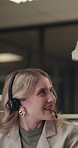 Call center, manager and woman in office with headset, crm support and supervision in night service. Talking, director and agent with mic, telecom guidance and consulting assistance in evening shift.