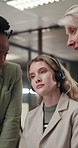 Team, advice and discussion in office with telemarketing agent, lead generation or planning at night. Late, consultant manager and people in call center with help, strategy and conversation for sales
