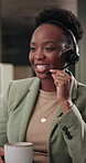 Black woman, call center and conversation for online help, telecom and contact us for support. Coffee, headset and communication with consultant, feedback and client for customer service in office