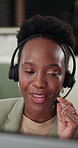 Happy woman, call center and conversation with laptop in office, telecom and contact us for support. Online, headset and communication with black person, feedback and client for customer service