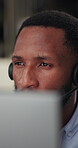 Black man, call center and reading with laptop for help desk, online or assistance with technology, PC, headset and communication with review, feedback or listening to client with helpline consultant