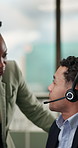Call center, manager or people in office with headset, mentor support or assistance in crm service. Bokeh, director and agent with mic, telecom guidance and consulting advice in help desk supervision