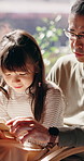 Dad, teaching and reading book in home with Asian child, knowledge or learn for language development. Japanese man, daughter and talk in lounge with kids novel, education and assistance for growth.