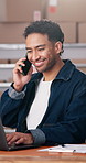 Business, laptop or happy man with phone call in logistics for online shipping or distribution. Businessman, conversation or discussion with smile or boxes on computer for delivery or courier service