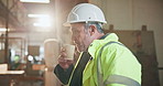 Thinking, man and carpenter with coffee in workshop for ideas, planning or decision on career. Flare, industry and mature woodworker with choice on furniture business with manufacturing in warehouse.