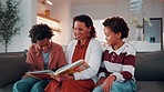 Mother, kids and reading book on sofa for learning, bonding and smile with flare at home. African family, children and storytelling with parent for education, cognitive development and happy brothers
