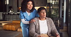 Nurse, support and senior patient with wheelchair in retirement house for assisted living by window. Caregiver, healthcare worker or helping elderly female person with a disability in nursing home