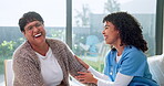 Healthcare, laughing and nurse with old woman on sofa in retirement home for assisted living. Communication, funny and visit with happy caregiver speaking to senior patient in apartment for service