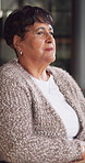 Thinking, memory or senior woman in home with space, daydream or nostalgia in calm mindset. Reflection, flashback or elderly person with wondering, ponder or peaceful perspective in retirement.