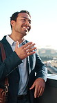 Rooftop, talking and businessman in city for meeting, real estate investment or rental market trends. Smile, chat and realtor outdoor for property valuation, listing price and commercial development