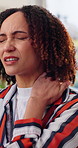 Woman, stress and neck pain with injury in office for deadline, discomfort or muscle tension. Frustrated, female person or sore pressure with massage for strain, overworked or joint inflammation