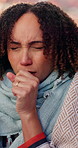Sick, cough and woman in house with chest pain, infection or breathing problem in virus symptoms. Influenza, choking or person in home with tuberculosis, asthma or illness in allergy season.
