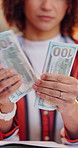 Woman, hands and counting with money for finance, profit or budget planning for cash or savings. Female person, accounting or checking paper bills for financial investment, increase or deductions