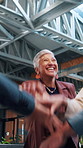 Celebration, business and people with hands stack together for achievement, success or win. Applause, excited and happy at workplace with huddle, teamwork and collaboration with support and mission