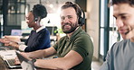 Happy, face or consultant with headset in agency for customer service or online advice in office. Portrait, group or agents with smile for virtual assistance, CRM help or communication in call center