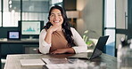 Face, business and woman in office with laptop, research and data analysis for accounting. Portrait, female person or smile in workplace with pc, finance information and graph stats for company audit