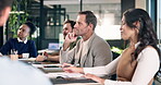 Training, team or man in office with smile, growth session or presentation on green strategy. Flare, group or mature csr advisor with meeting, employee workshop or learning on sustainable operation.