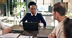Sustainable, manager or team in office with laptop, csr growth pitch or discussion on green operation. Feedback, people or esg analysts with tech, conservation proposal or ethical strategy in meeting