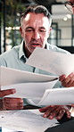 Businessman, team and stress in office with workload, tablet and documents for stats report deadline. Timelapse, mature person or overwhelmed manager with paperwork, tech and financial data analysis.