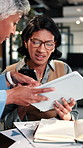 Woman, team and stress in office with workload, tablet or paperwork for marketing analytics deadline. Timelapse, overwhelmed person and chaos in agency with document, tech and stats for ad campaign.