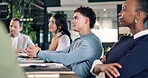 Business, team or man in agency with training, growth session or presentation on green strategy. Briefing, group or csr advisor with engagement, employee learning or workshop on sustainable operation