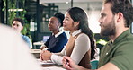 Business, training or woman in office with understanding, growth session or presentation on green strategy. Flare, group or csr team with meeting, employee engagement or learning on ethical operation