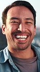 Face, man and laugh outdoor with job, creativity and funny idea for campaign at marketing agency. Happy, person and work break in city with career development, joke and humor for advertising project.