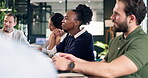 Business, team or woman in agency with training, growth session or presentation on green strategy. Smile, group or csr advisors with workshop, employee engagement or learning on sustainable operation