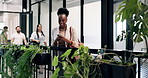 Woman, laugh and phone in office with break, sustainable business or funny AI meme for go green project. Happy, person and typing in corridor with tech, social media or joke for eco friendly campaign