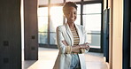 Business, face or black woman in office with arms crossed, property investor or pride in real estate career. Happy, portrait or realtor with confidence, listing agent or about us in housing industry.